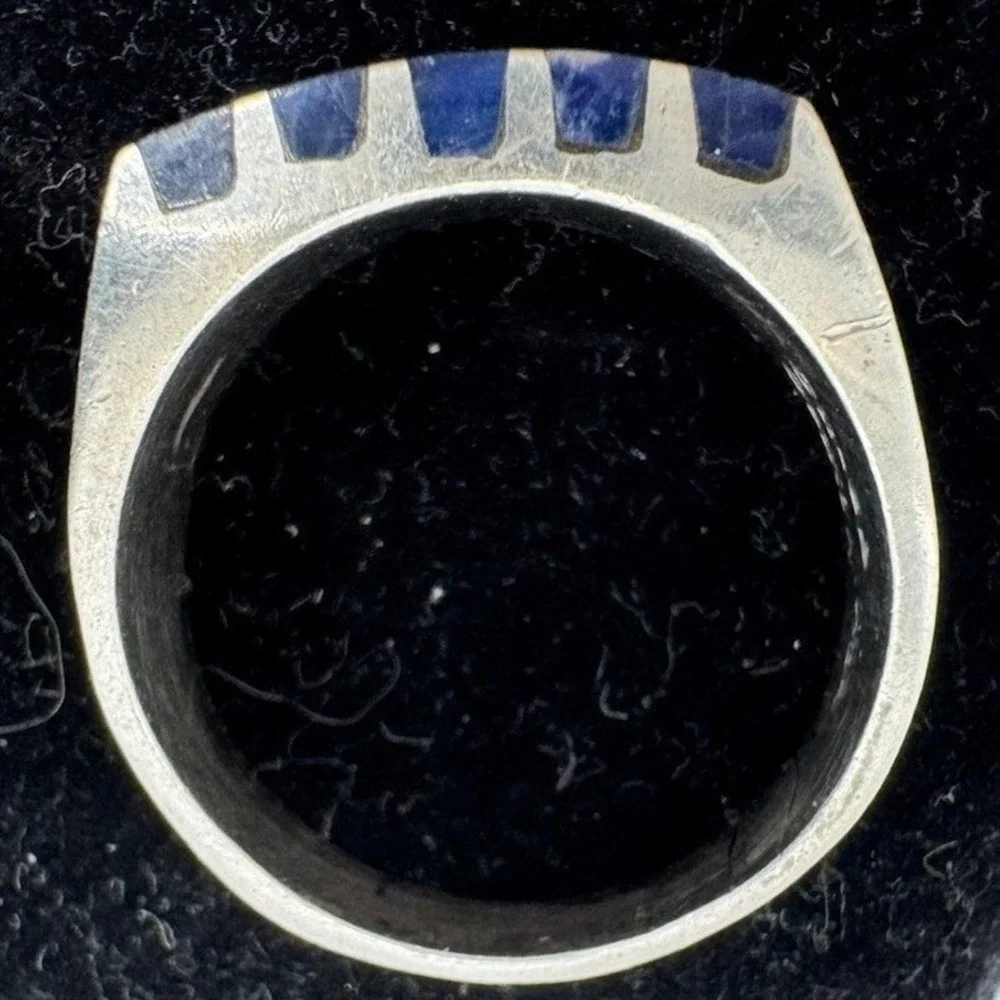 Vintage Taxco Mexico 925 Sterling Silver Blue Inlay Modernist Band Ring Size 11